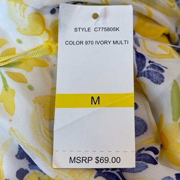 Ce Ce Yellow and Blue Floral Blouse Boat neck with tie hem. - Picture 9 of 9